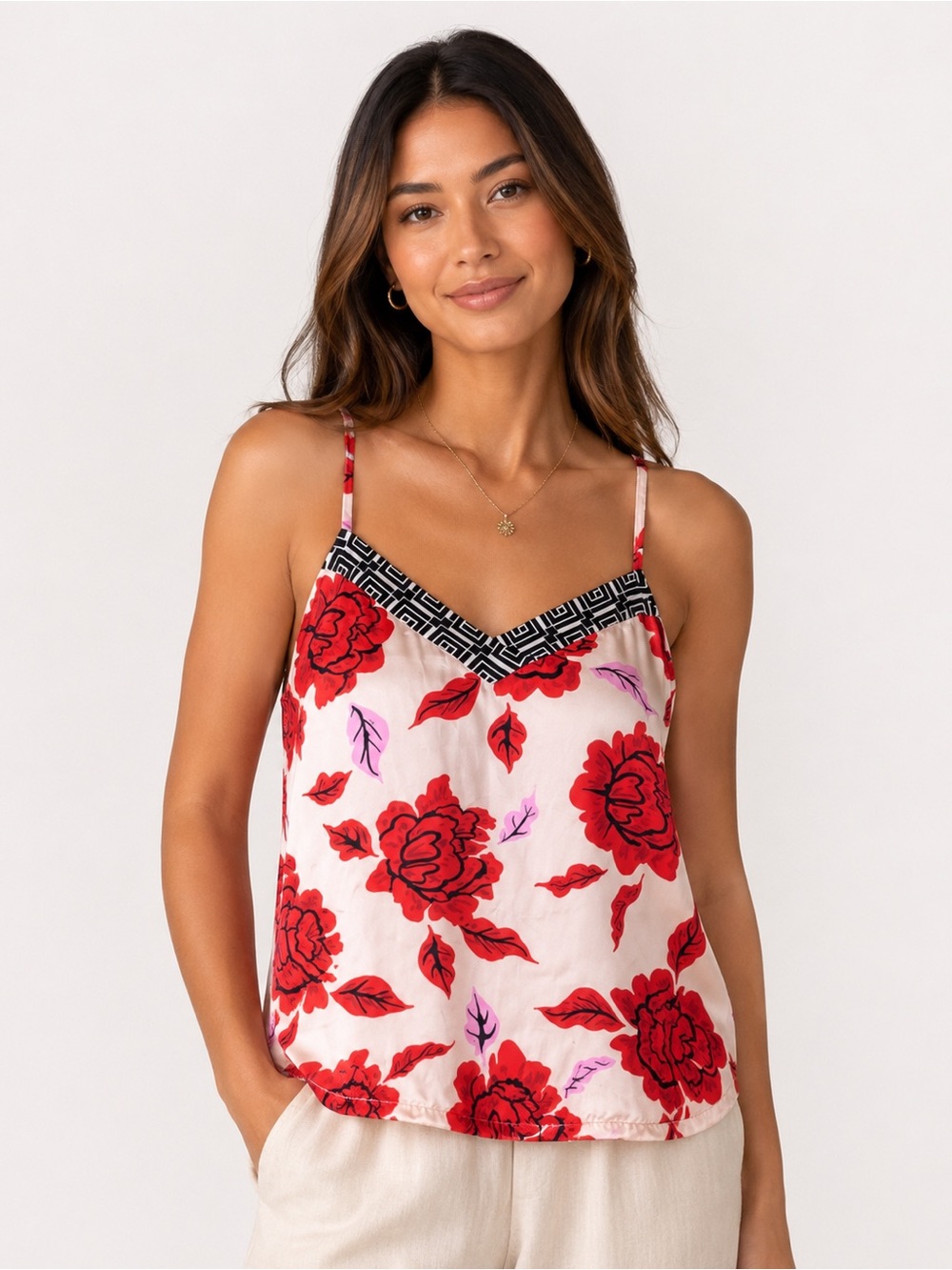 ▶️ Nema Resort Satin Tank Top Womens M Floral Peony Print Cami Y2K Pink EUC